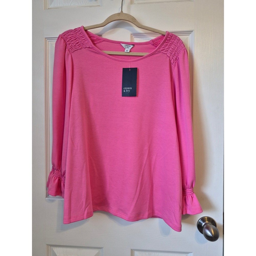Crown & Ivy Crown Lounge Pink Smocked Shoulder Flounce Cuff Top Large NWT